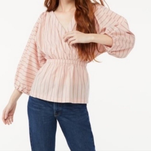 NWT Free Assembly Pink Balloon Sleeve 100% Cotton Wrap Blouse - Size M - Picture 1 of 9